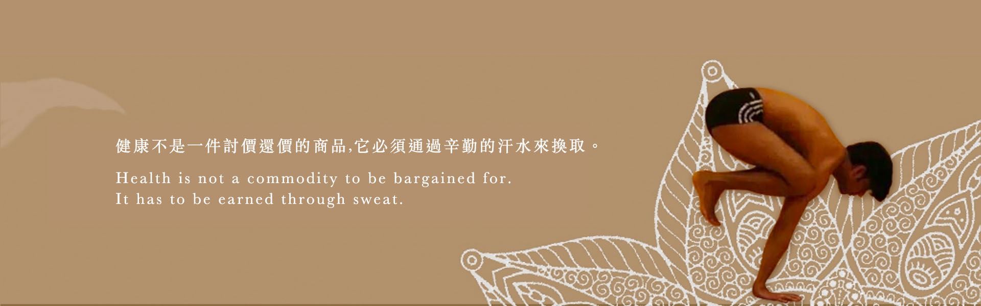 手臂平衡體式照片,配上艾揚格大師語錄:健康不是一件討價還價的商品,它必須通過辛勤的汗水來換取。
